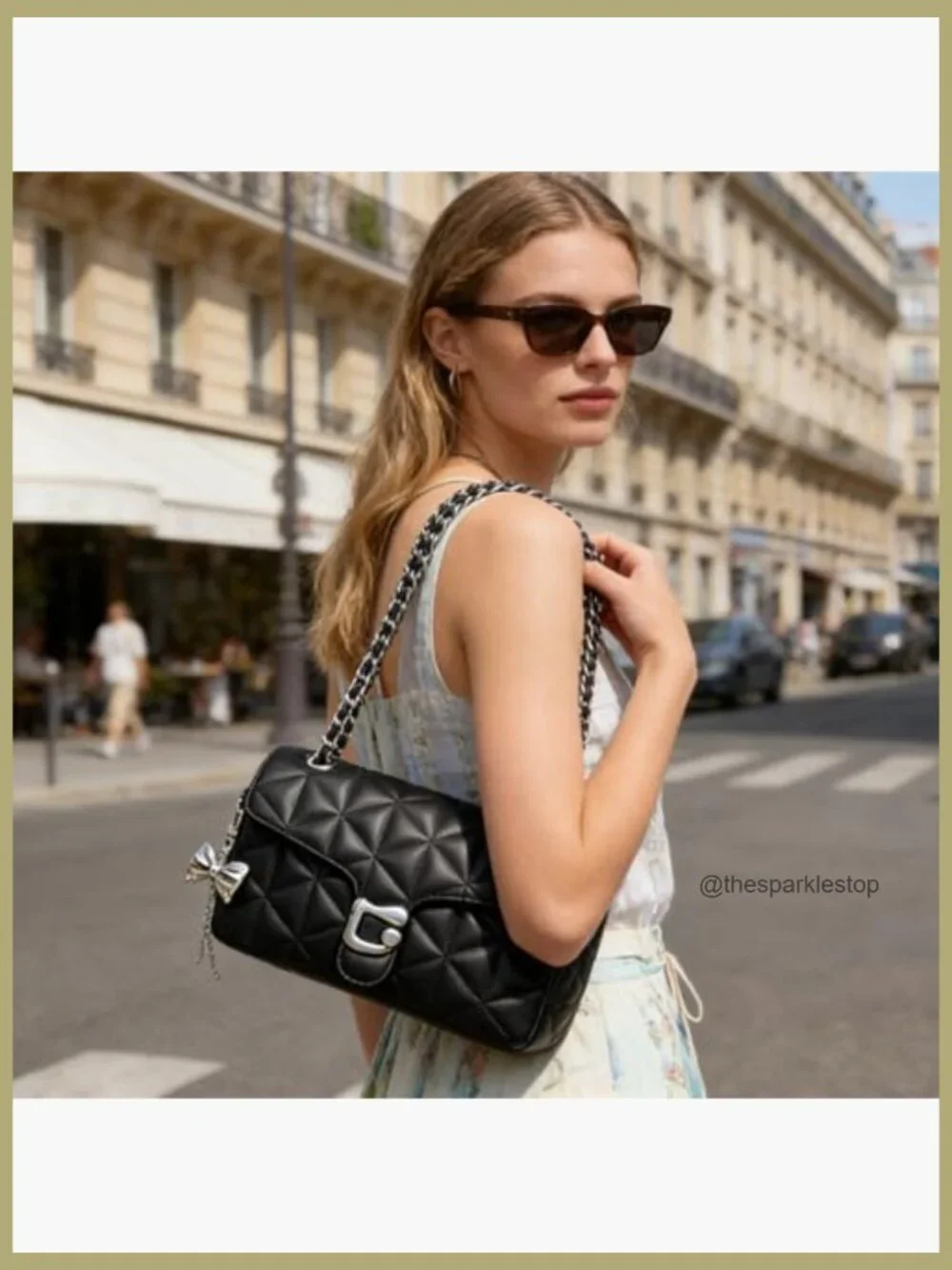 Quilted Crossbody Bag with Adjustable Chain Strap - Vegan Leather Satchel